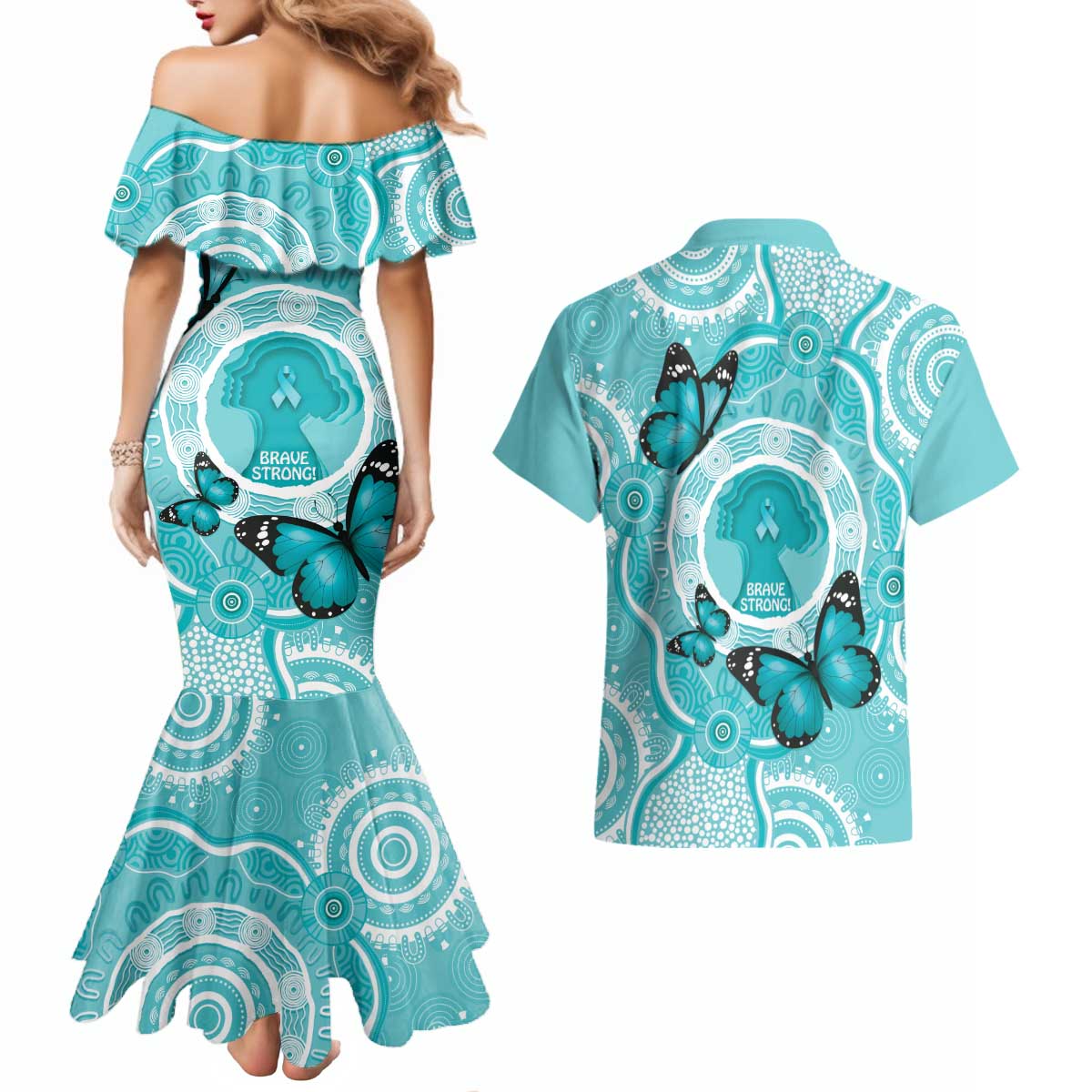 Australia Cervical Cancer Awareness Month Couples Matching Mermaid Dress and Hawaiian Shirt Brave Strong Butterfly Aboriginal Art