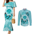 Australia Cervical Cancer Awareness Month Couples Matching Mermaid Dress and Long Sleeve Button Shirt Brave Strong Butterfly Aboriginal Art