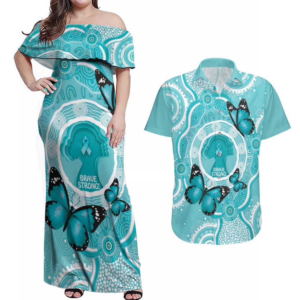Australia Cervical Cancer Awareness Month Couples Matching Off Shoulder Maxi Dress and Hawaiian Shirt Brave Strong Butterfly Aboriginal Art