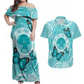 Australia Cervical Cancer Awareness Month Couples Matching Off Shoulder Maxi Dress and Hawaiian Shirt Brave Strong Butterfly Aboriginal Art