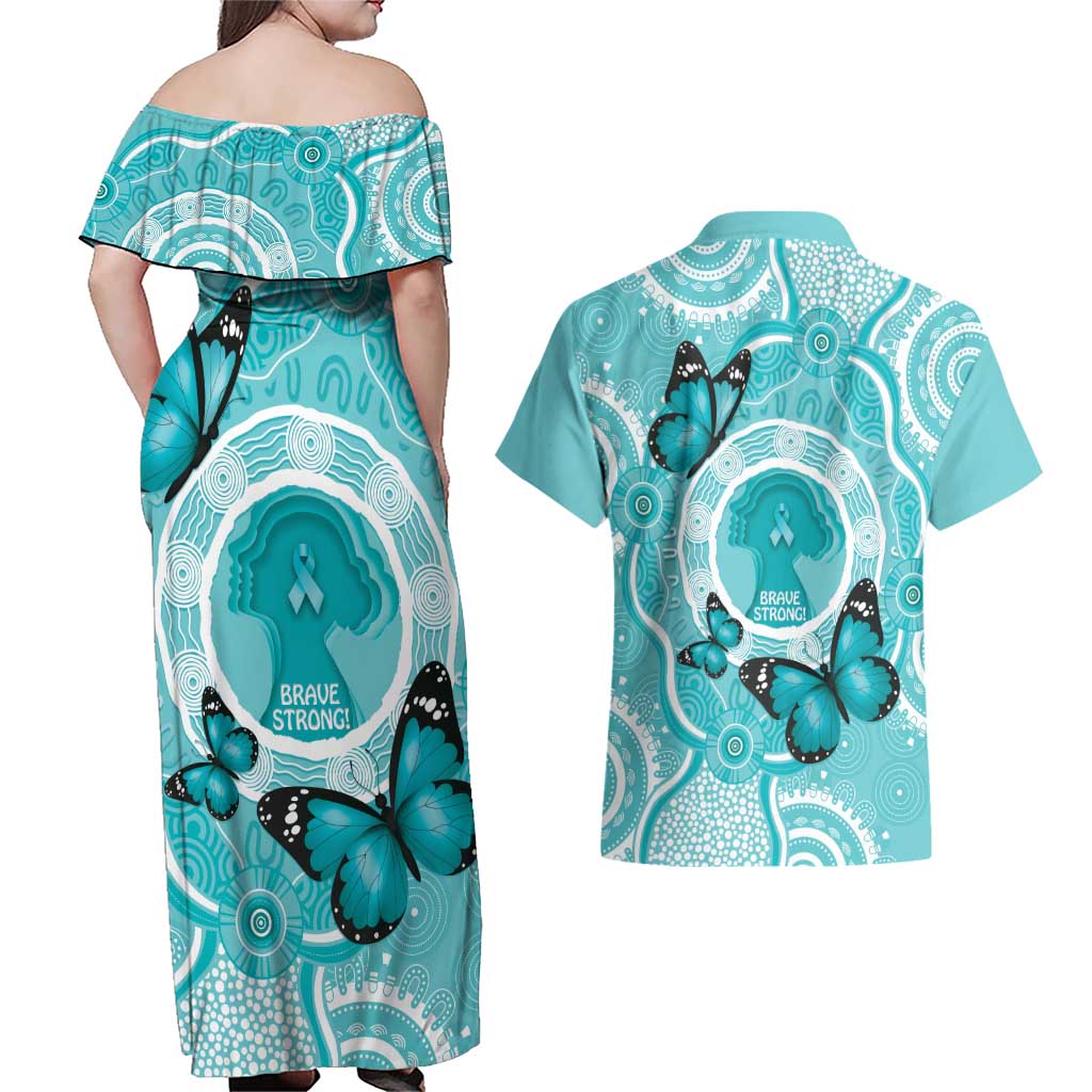 Australia Cervical Cancer Awareness Month Couples Matching Off Shoulder Maxi Dress and Hawaiian Shirt Brave Strong Butterfly Aboriginal Art