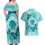 Australia Cervical Cancer Awareness Month Couples Matching Off Shoulder Maxi Dress and Hawaiian Shirt Brave Strong Butterfly Aboriginal Art
