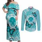 Australia Cervical Cancer Awareness Month Couples Matching Off Shoulder Maxi Dress and Long Sleeve Button Shirt Brave Strong Butterfly Aboriginal Art