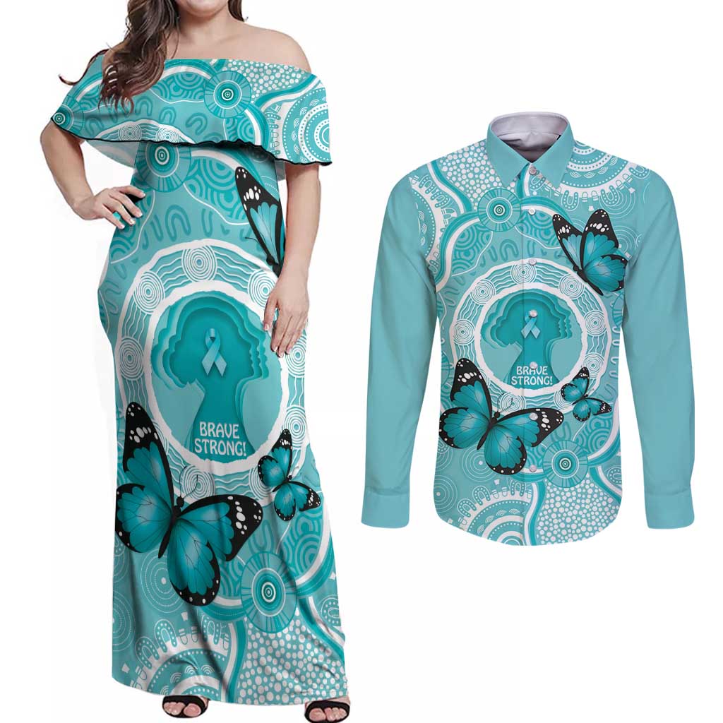 Australia Cervical Cancer Awareness Month Couples Matching Off Shoulder Maxi Dress and Long Sleeve Button Shirt Brave Strong Butterfly Aboriginal Art