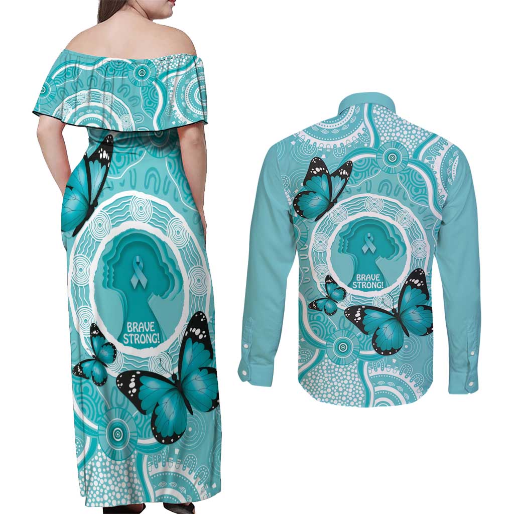 Australia Cervical Cancer Awareness Month Couples Matching Off Shoulder Maxi Dress and Long Sleeve Button Shirt Brave Strong Butterfly Aboriginal Art