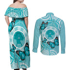 Australia Cervical Cancer Awareness Month Couples Matching Off Shoulder Maxi Dress and Long Sleeve Button Shirt Brave Strong Butterfly Aboriginal Art