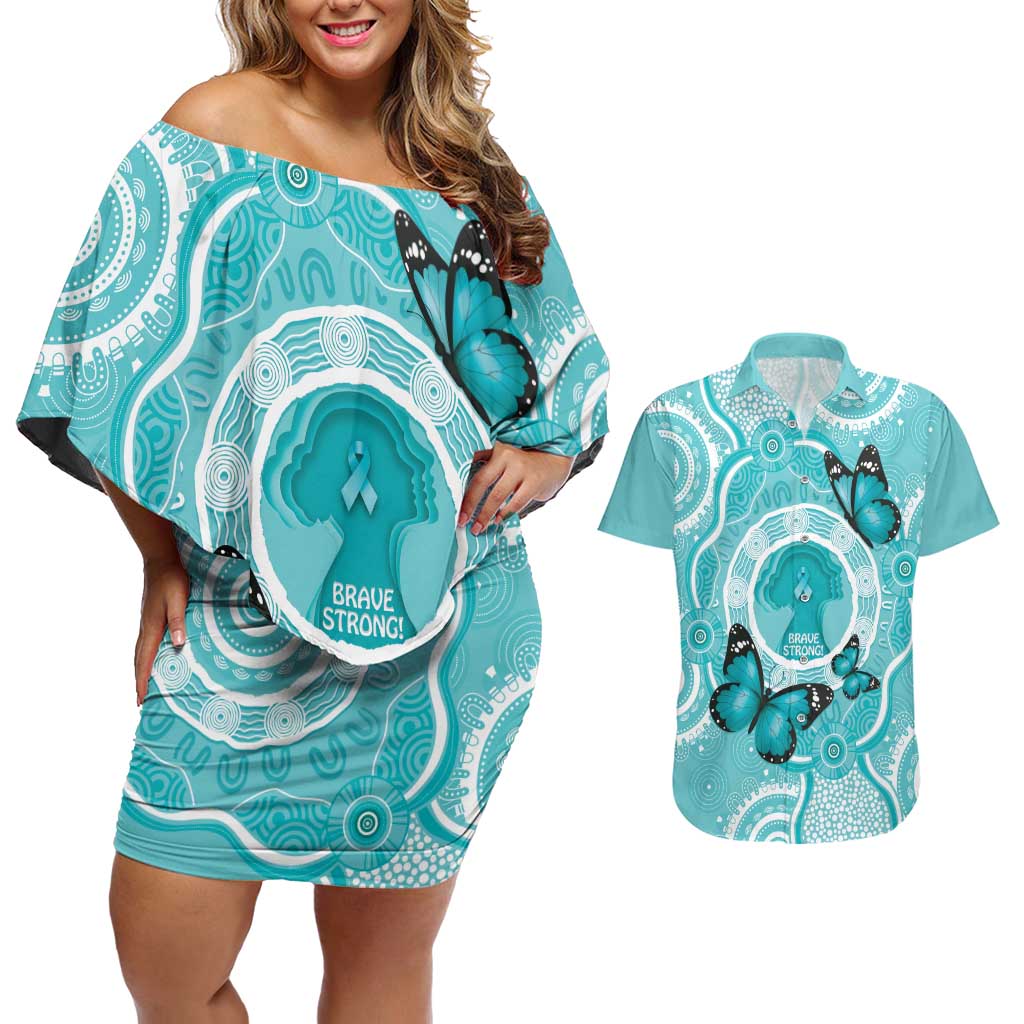 Australia Cervical Cancer Awareness Month Couples Matching Off Shoulder Short Dress and Hawaiian Shirt Brave Strong Butterfly Aboriginal Art