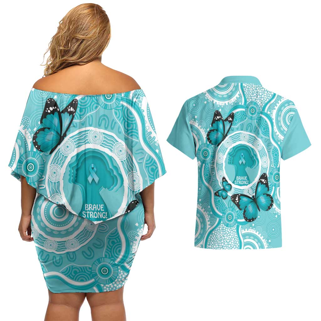 Australia Cervical Cancer Awareness Month Couples Matching Off Shoulder Short Dress and Hawaiian Shirt Brave Strong Butterfly Aboriginal Art