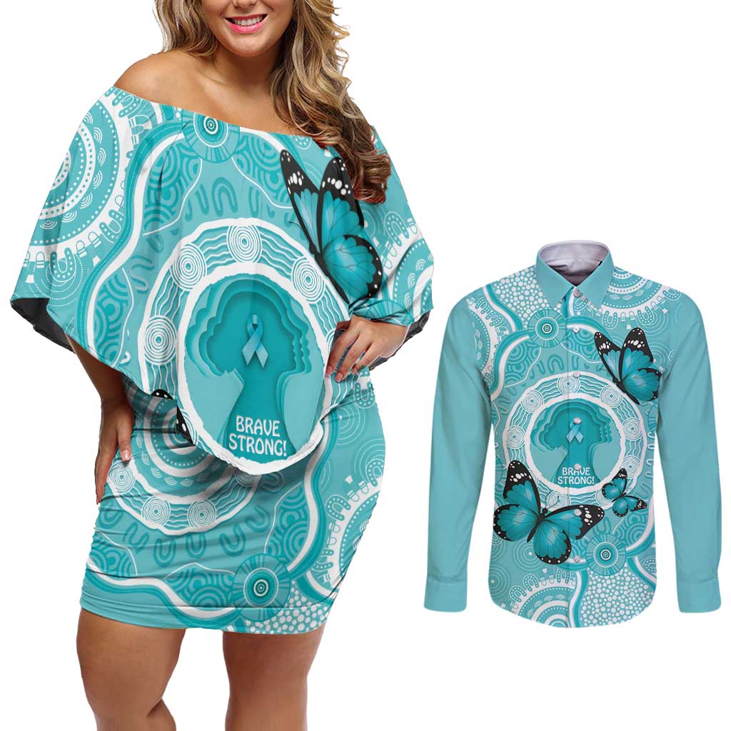 Australia Cervical Cancer Awareness Month Couples Matching Off Shoulder Short Dress and Long Sleeve Button Shirt Brave Strong Butterfly Aboriginal Art
