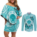 Australia Cervical Cancer Awareness Month Couples Matching Off Shoulder Short Dress and Long Sleeve Button Shirt Brave Strong Butterfly Aboriginal Art