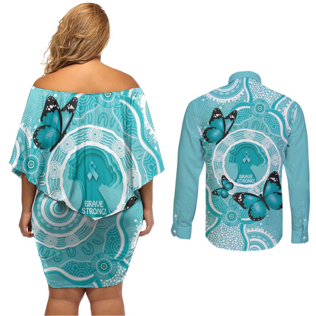 Australia Cervical Cancer Awareness Month Couples Matching Off Shoulder Short Dress and Long Sleeve Button Shirt Brave Strong Butterfly Aboriginal Art