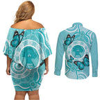 Australia Cervical Cancer Awareness Month Couples Matching Off Shoulder Short Dress and Long Sleeve Button Shirt Brave Strong Butterfly Aboriginal Art