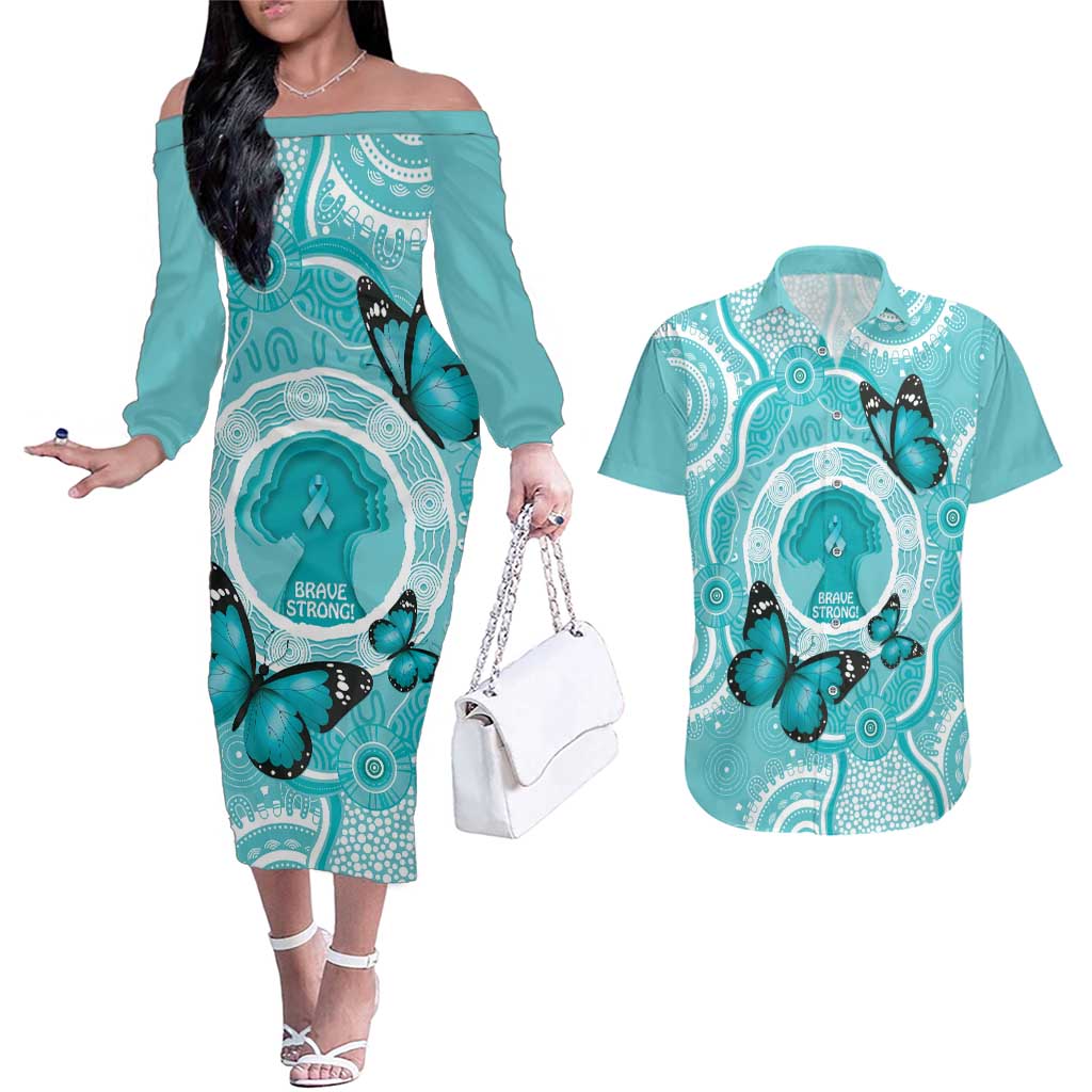 Australia Cervical Cancer Awareness Month Couples Matching Off The Shoulder Long Sleeve Dress and Hawaiian Shirt Brave Strong Butterfly Aboriginal Art