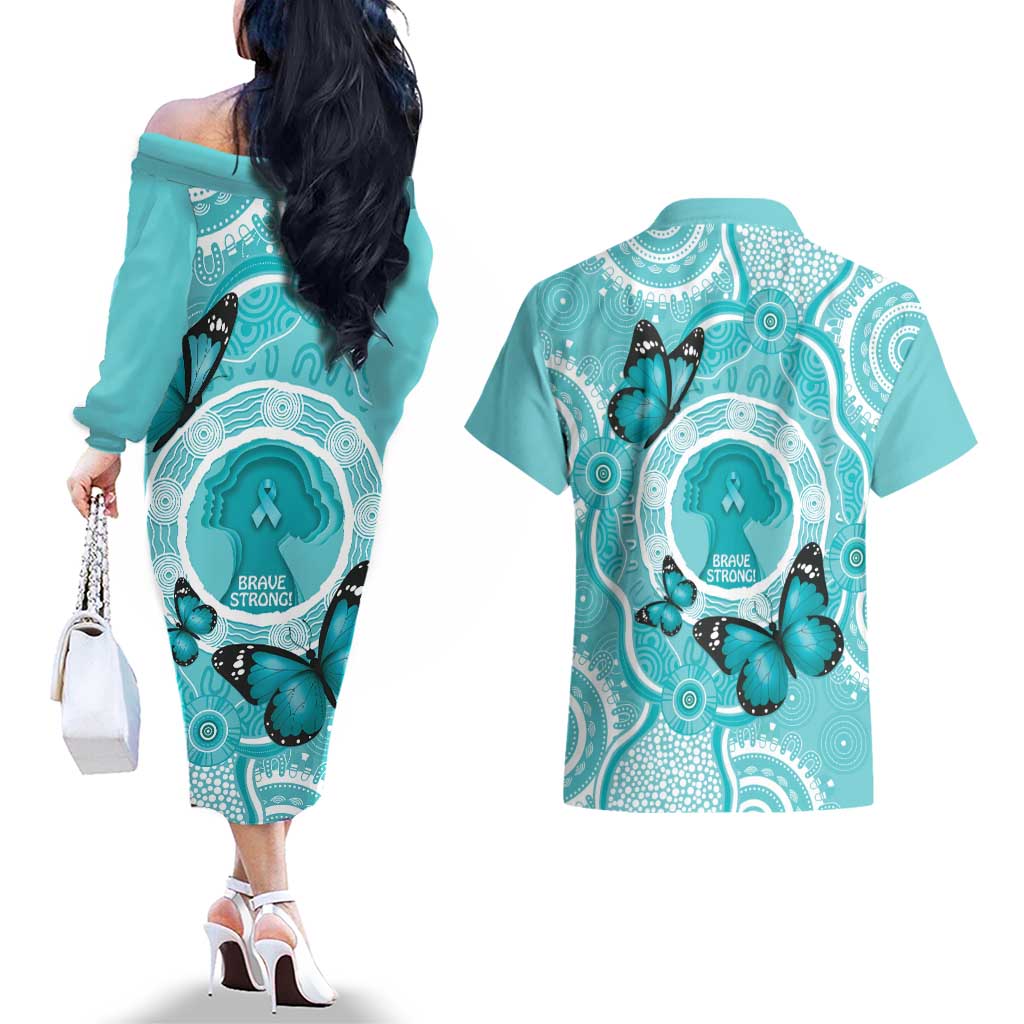 Australia Cervical Cancer Awareness Month Couples Matching Off The Shoulder Long Sleeve Dress and Hawaiian Shirt Brave Strong Butterfly Aboriginal Art