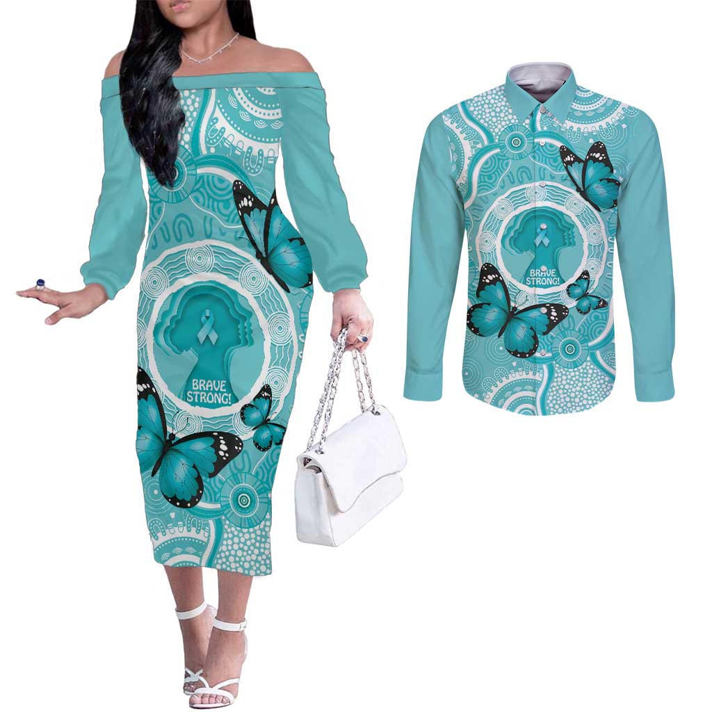 Australia Cervical Cancer Awareness Month Couples Matching Off The Shoulder Long Sleeve Dress and Long Sleeve Button Shirt Brave Strong Butterfly Aboriginal Art