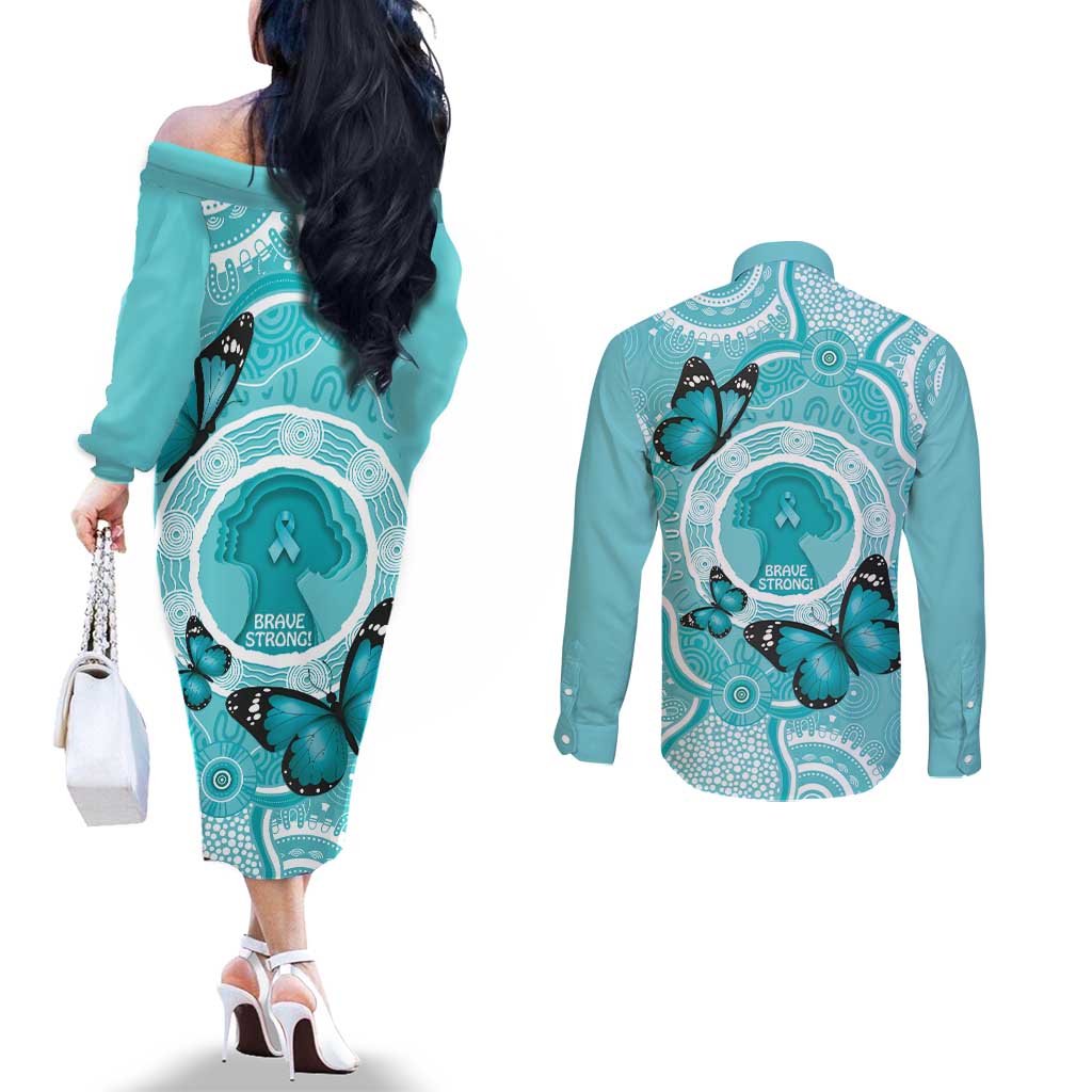 Australia Cervical Cancer Awareness Month Couples Matching Off The Shoulder Long Sleeve Dress and Long Sleeve Button Shirt Brave Strong Butterfly Aboriginal Art