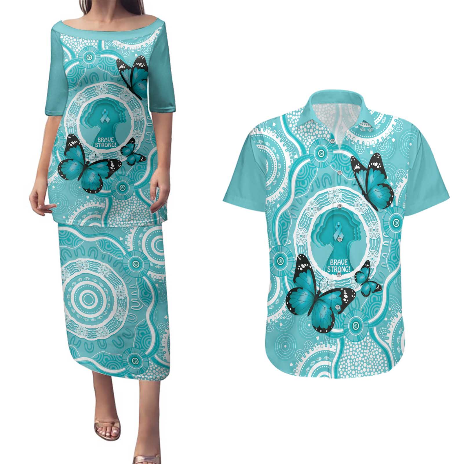Australia Cervical Cancer Awareness Month Couples Matching Puletasi and Hawaiian Shirt Brave Strong Butterfly Aboriginal Art