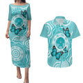 Australia Cervical Cancer Awareness Month Couples Matching Puletasi and Hawaiian Shirt Brave Strong Butterfly Aboriginal Art