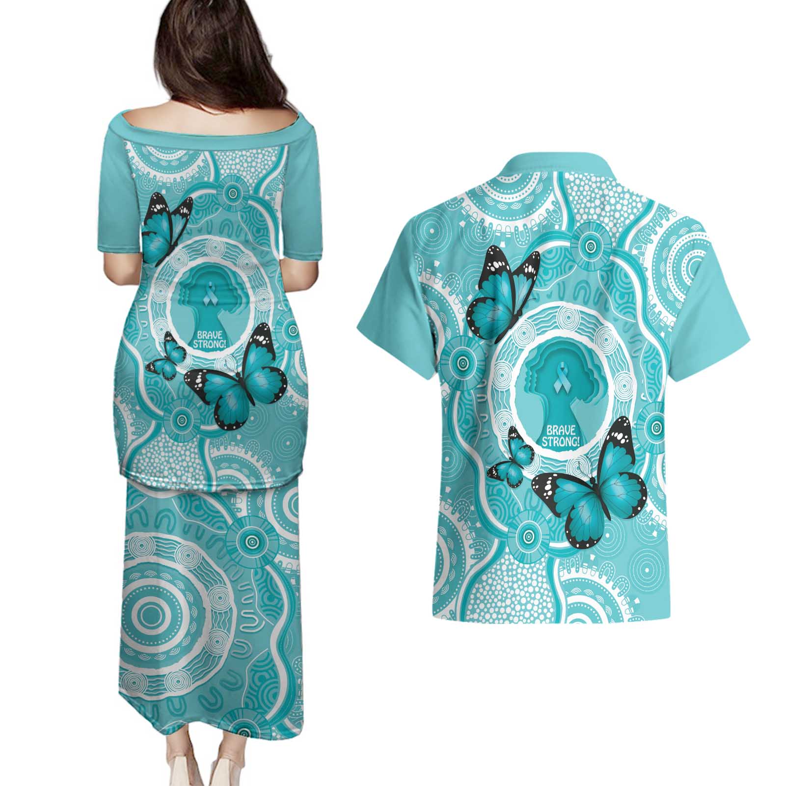 Australia Cervical Cancer Awareness Month Couples Matching Puletasi and Hawaiian Shirt Brave Strong Butterfly Aboriginal Art