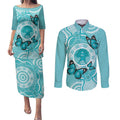Australia Cervical Cancer Awareness Month Couples Matching Puletasi and Long Sleeve Button Shirt Brave Strong Butterfly Aboriginal Art