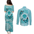 Australia Cervical Cancer Awareness Month Couples Matching Puletasi and Long Sleeve Button Shirt Brave Strong Butterfly Aboriginal Art