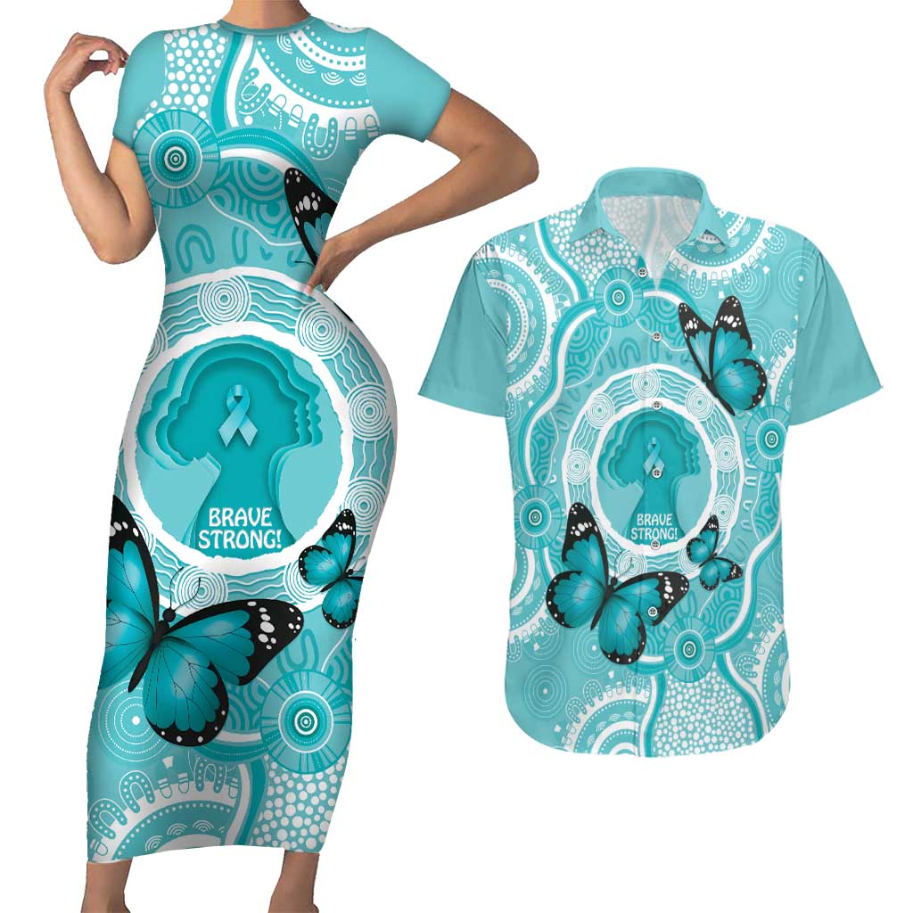 Australia Cervical Cancer Awareness Month Couples Matching Short Sleeve Bodycon Dress and Hawaiian Shirt Brave Strong Butterfly Aboriginal Art