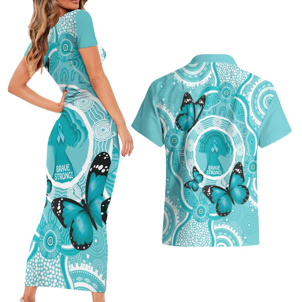 Australia Cervical Cancer Awareness Month Couples Matching Short Sleeve Bodycon Dress and Hawaiian Shirt Brave Strong Butterfly Aboriginal Art