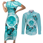 Australia Cervical Cancer Awareness Month Couples Matching Short Sleeve Bodycon Dress and Long Sleeve Button Shirt Brave Strong Butterfly Aboriginal Art