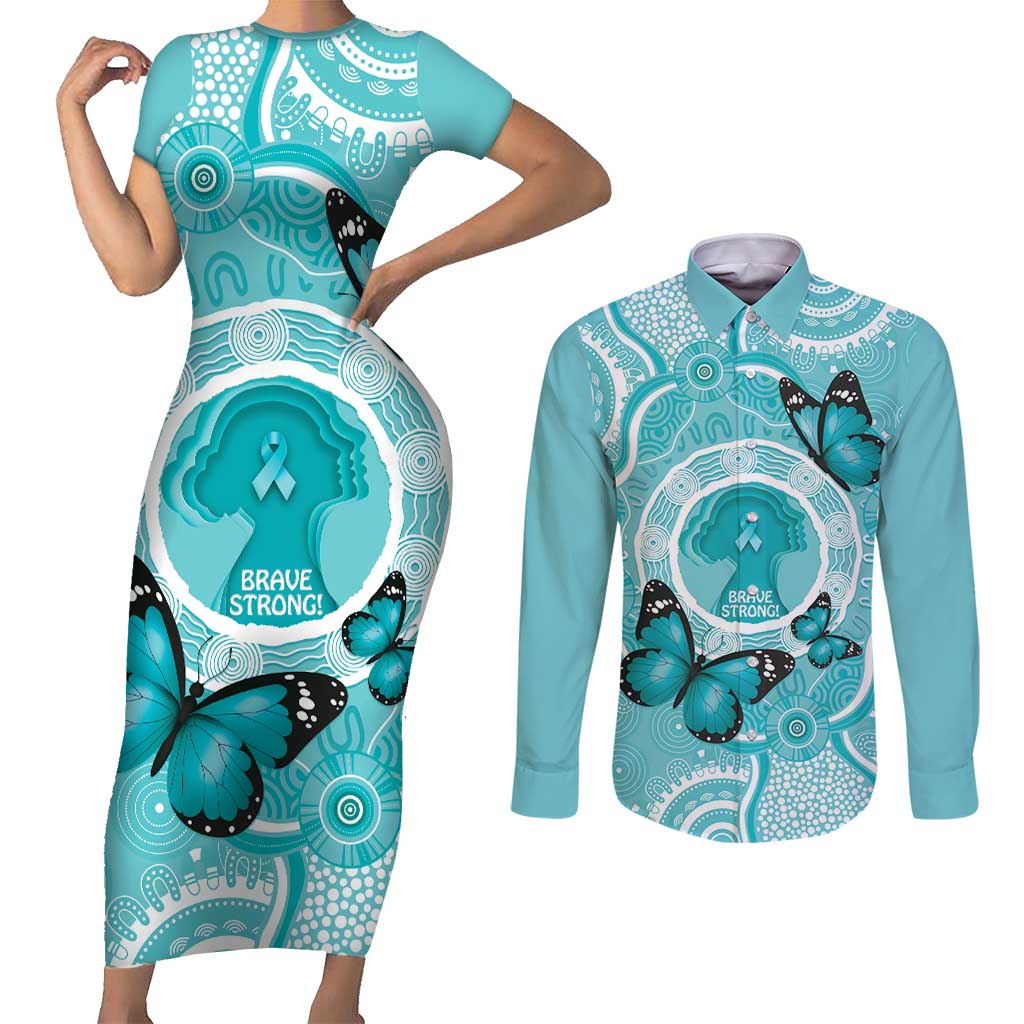 Australia Cervical Cancer Awareness Month Couples Matching Short Sleeve Bodycon Dress and Long Sleeve Button Shirt Brave Strong Butterfly Aboriginal Art