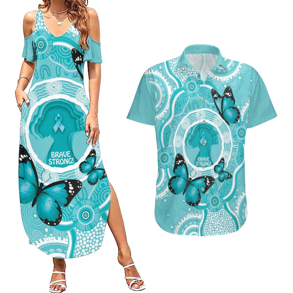 Australia Cervical Cancer Awareness Month Couples Matching Summer Maxi Dress and Hawaiian Shirt Brave Strong Butterfly Aboriginal Art