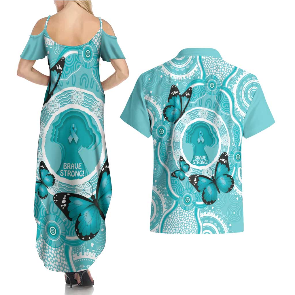 Australia Cervical Cancer Awareness Month Couples Matching Summer Maxi Dress and Hawaiian Shirt Brave Strong Butterfly Aboriginal Art