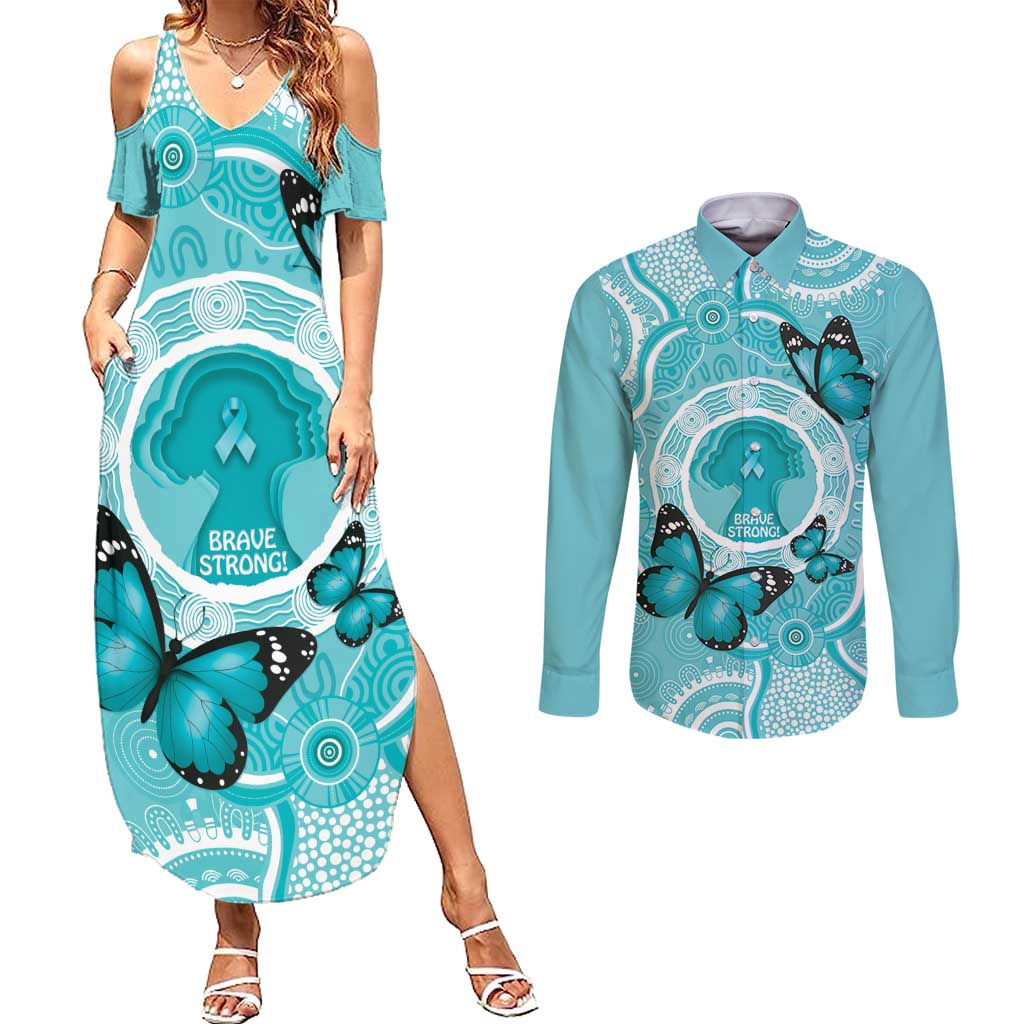 Australia Cervical Cancer Awareness Month Couples Matching Summer Maxi Dress and Long Sleeve Button Shirt Brave Strong Butterfly Aboriginal Art