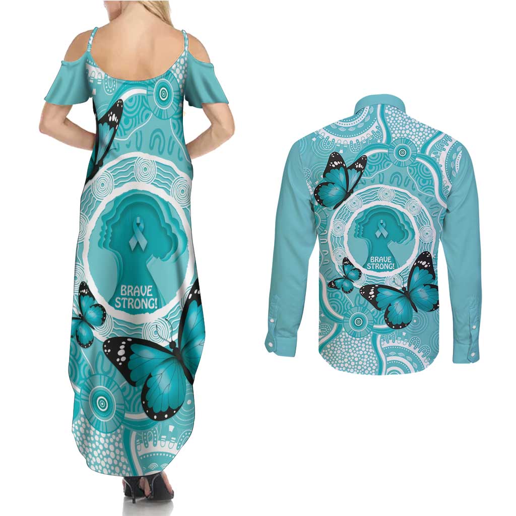 Australia Cervical Cancer Awareness Month Couples Matching Summer Maxi Dress and Long Sleeve Button Shirt Brave Strong Butterfly Aboriginal Art