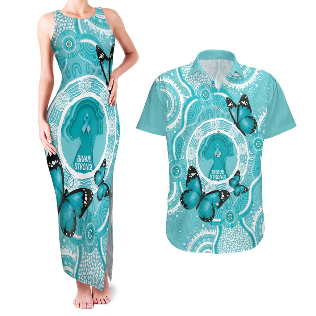 Australia Cervical Cancer Awareness Month Couples Matching Tank Maxi Dress and Hawaiian Shirt Brave Strong Butterfly Aboriginal Art
