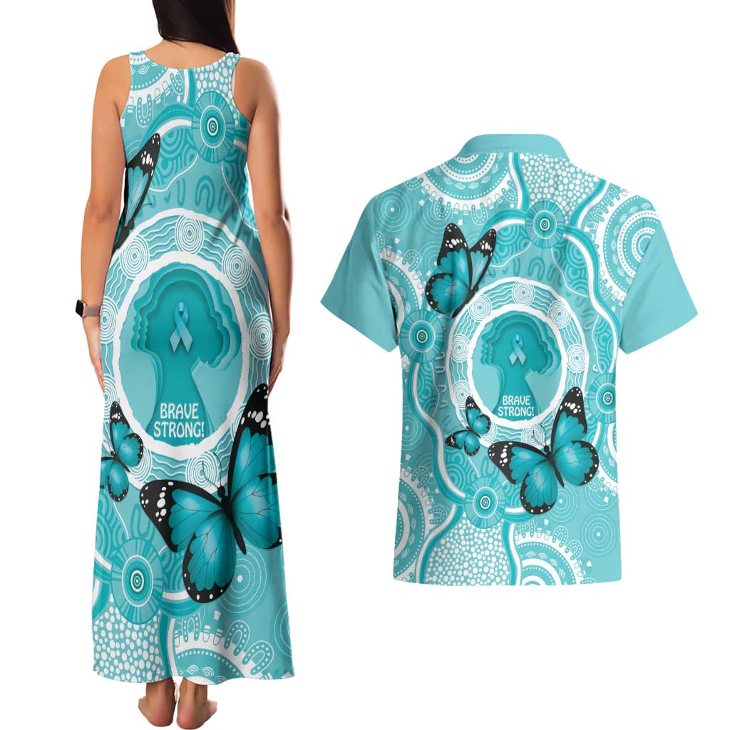 Australia Cervical Cancer Awareness Month Couples Matching Tank Maxi Dress and Hawaiian Shirt Brave Strong Butterfly Aboriginal Art