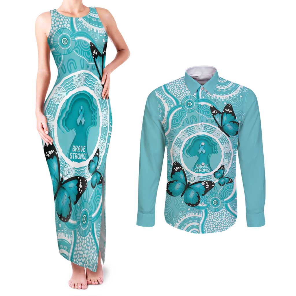 Australia Cervical Cancer Awareness Month Couples Matching Tank Maxi Dress and Long Sleeve Button Shirt Brave Strong Butterfly Aboriginal Art