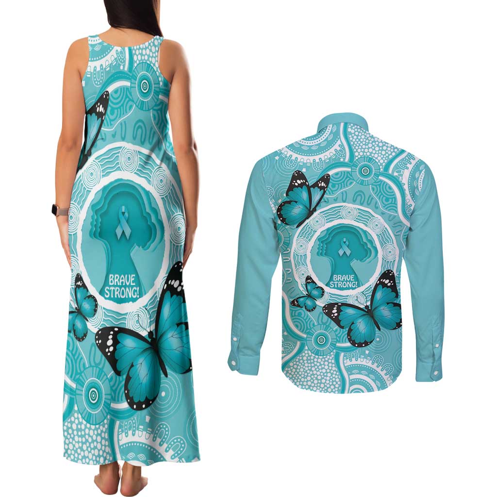 Australia Cervical Cancer Awareness Month Couples Matching Tank Maxi Dress and Long Sleeve Button Shirt Brave Strong Butterfly Aboriginal Art