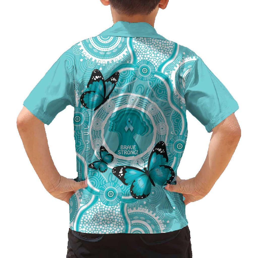 Australia Cervical Cancer Awareness Month Family Matching Off The Shoulder Long Sleeve Dress and Hawaiian Shirt Brave Strong Butterfly Aboriginal Art