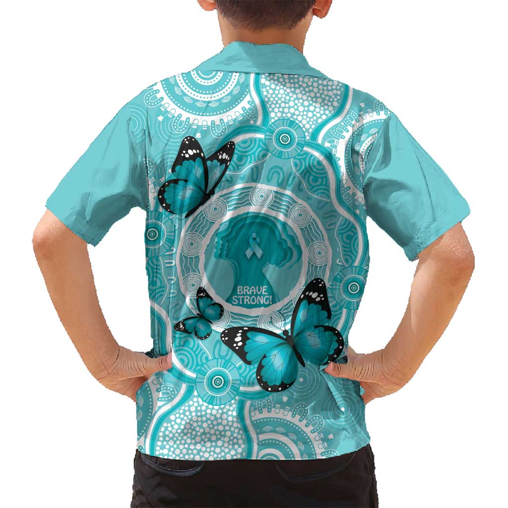 Australia Cervical Cancer Awareness Month Family Matching Off Shoulder Short Dress and Hawaiian Shirt Brave Strong Butterfly Aboriginal Art
