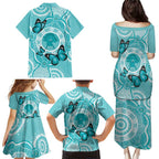 Australia Cervical Cancer Awareness Month Family Matching Puletasi and Hawaiian Shirt Brave Strong Butterfly Aboriginal Art
