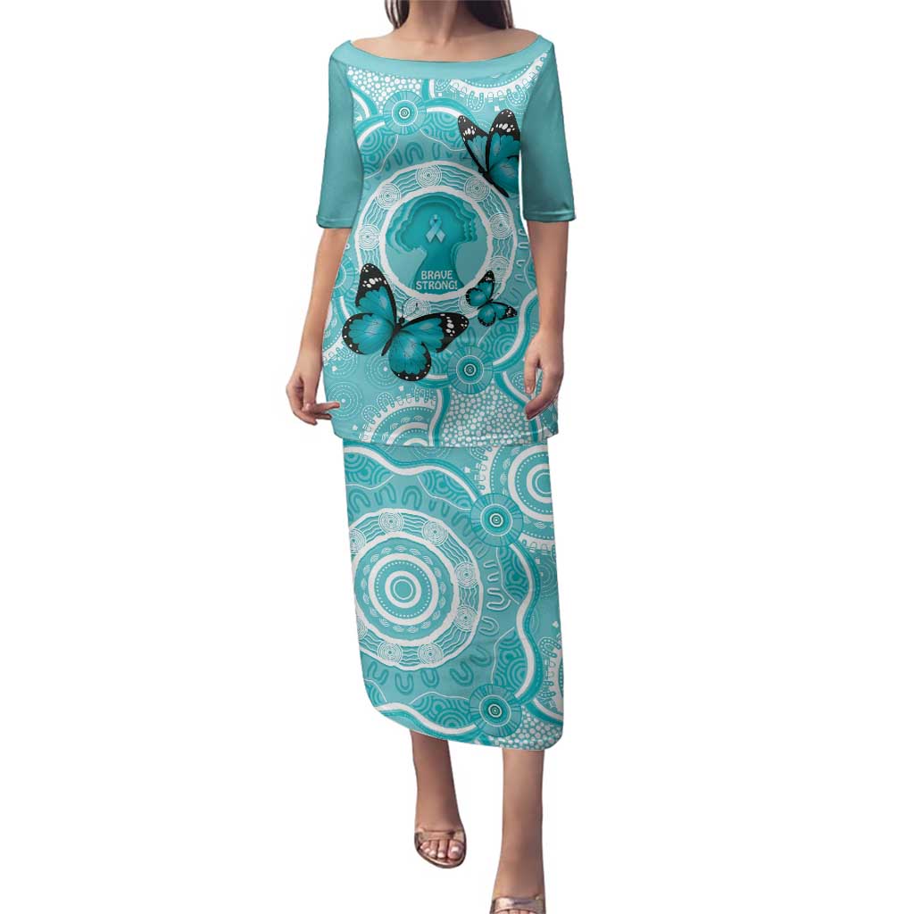 Australia Cervical Cancer Awareness Month Family Matching Puletasi and Hawaiian Shirt Brave Strong Butterfly Aboriginal Art