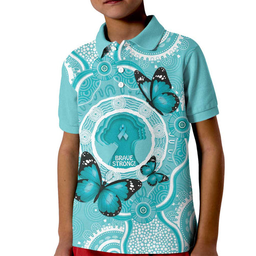 Australia Cervical Cancer Awareness Month Kid Polo Shirt Brave Strong Butterfly Aboriginal Art