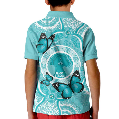Australia Cervical Cancer Awareness Month Kid Polo Shirt Brave Strong Butterfly Aboriginal Art