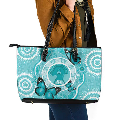 Australia Cervical Cancer Awareness Month Leather Tote Bag Brave Strong Butterfly Aboriginal Art