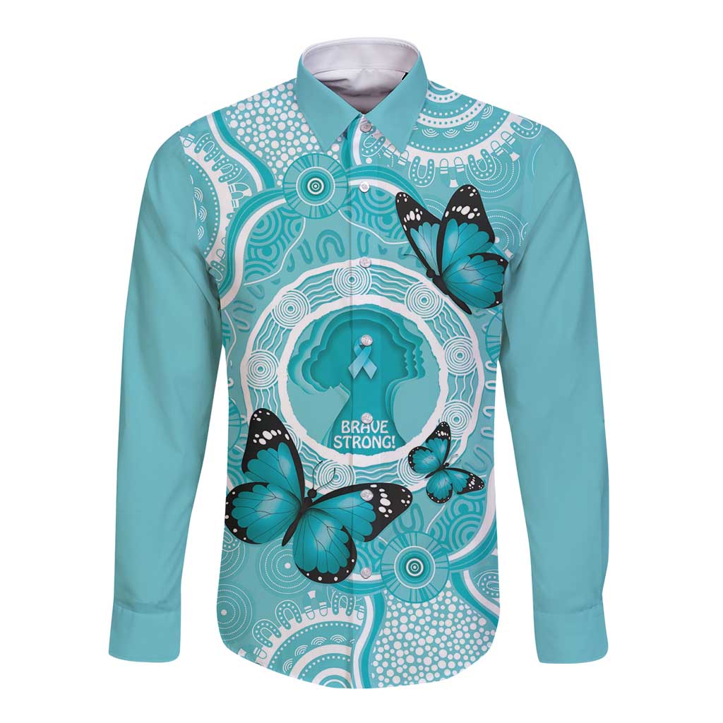 Australia Cervical Cancer Awareness Month Long Sleeve Button Shirt Brave Strong Butterfly Aboriginal Art