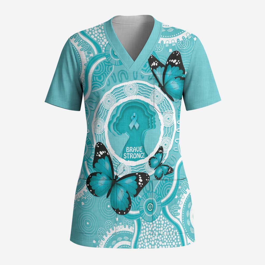 Australia Cervical Cancer Awareness Month Scrub Top Brave Strong Butterfly Aboriginal Art - Aussie Hoodie