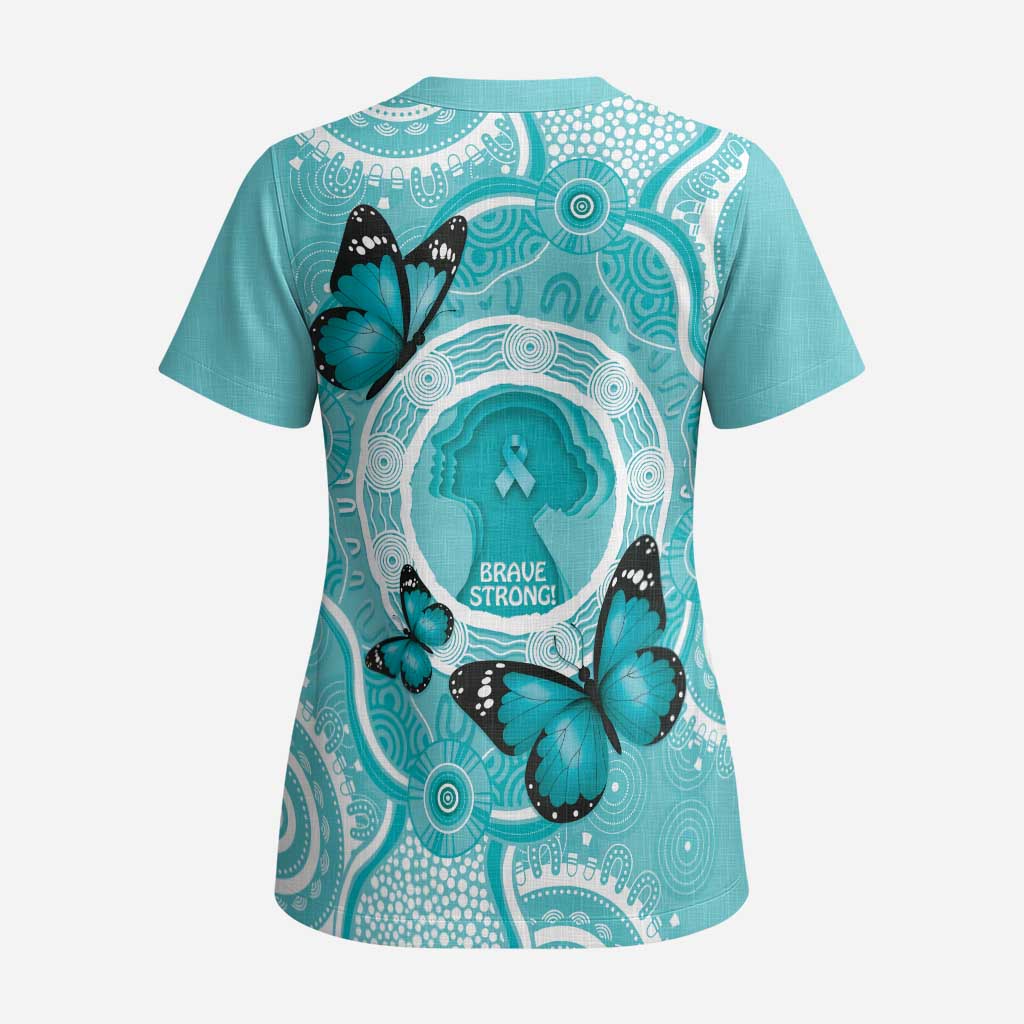 Australia Cervical Cancer Awareness Month Scrub Top Brave Strong Butterfly Aboriginal Art - Aussie Hoodie