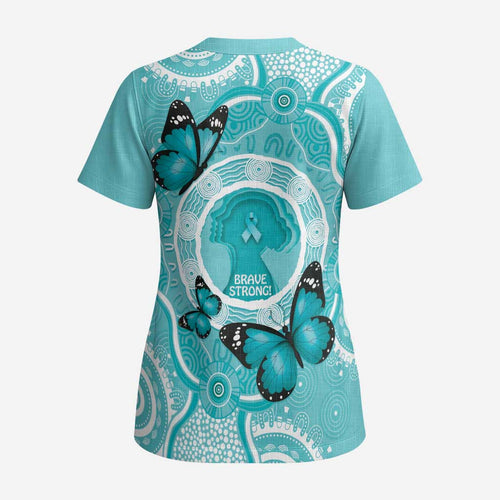 Australia Cervical Cancer Awareness Month Scrub Top Brave Strong Butterfly Aboriginal Art - Aussie Hoodie