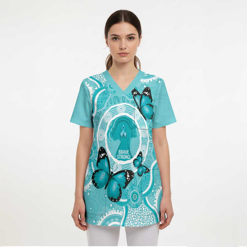 Australia Cervical Cancer Awareness Month Scrub Top Brave Strong Butterfly Aboriginal Art - Aussie Hoodie