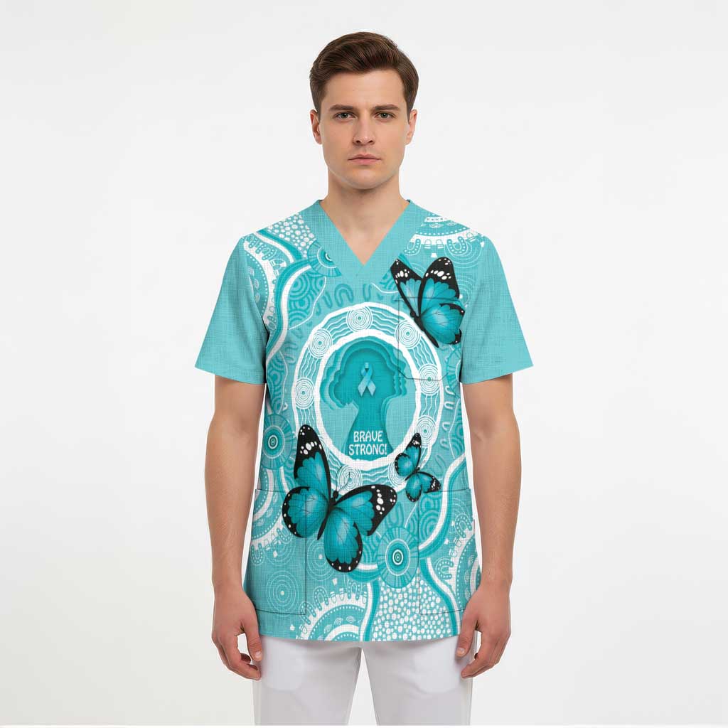 Australia Cervical Cancer Awareness Month Scrub Top Brave Strong Butterfly Aboriginal Art - Aussie Hoodie